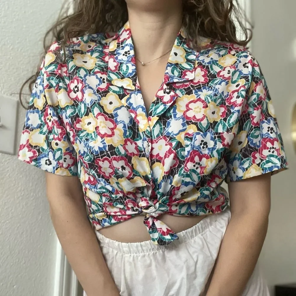 Vintage 80s Floral Funky Retro Button Down‎ Shirt Short Sleeve Sz 6